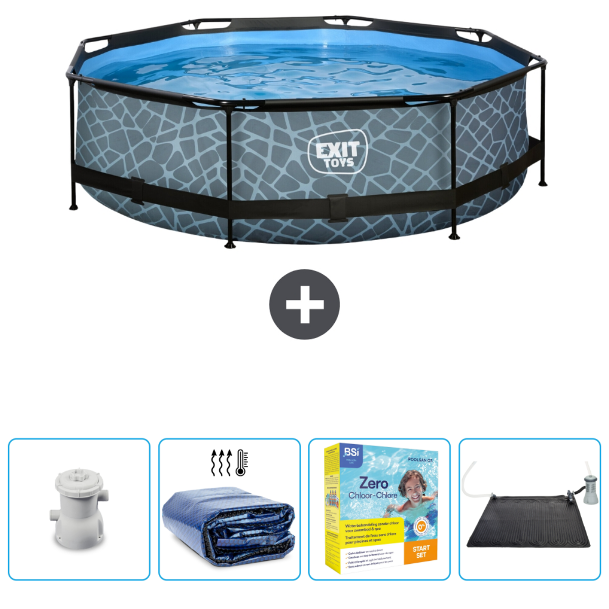 Une piscine hors sol avec accessoires. Le bassin a un motif gris et est rempli d'eau.