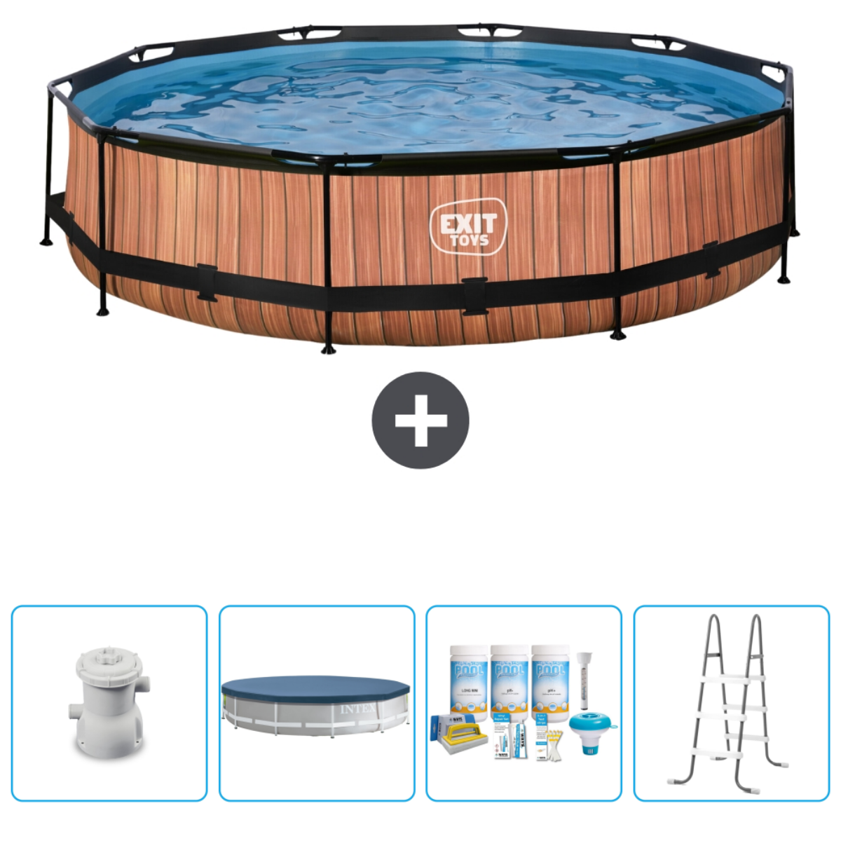 Piscine octogonale de style bois avec accessoires. Comprend un filtre, une couverture, des produits chimiques et une échelle.