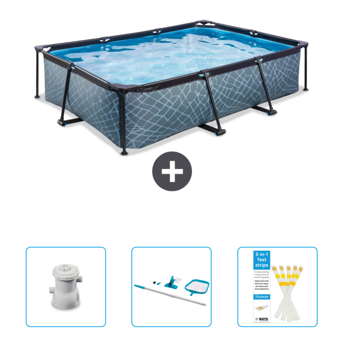 Rechthoekig zwembad met accessoires. Inclusief filter, schoonmaakgereedschap en teststrips.