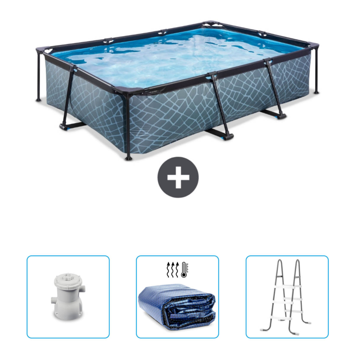 Grijs patroon rechthoekig zwembad met water. Accessoires: pomp, afdekzeil en ladder.