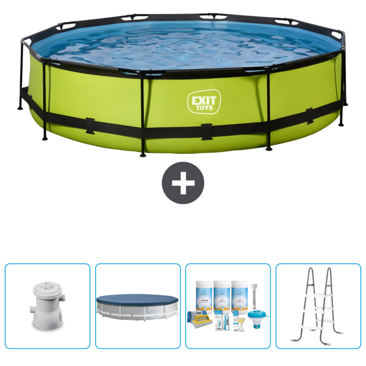 Piscine verte Exit Toys avec accessoires : pompe, couverture, produits chimiques et échelle.