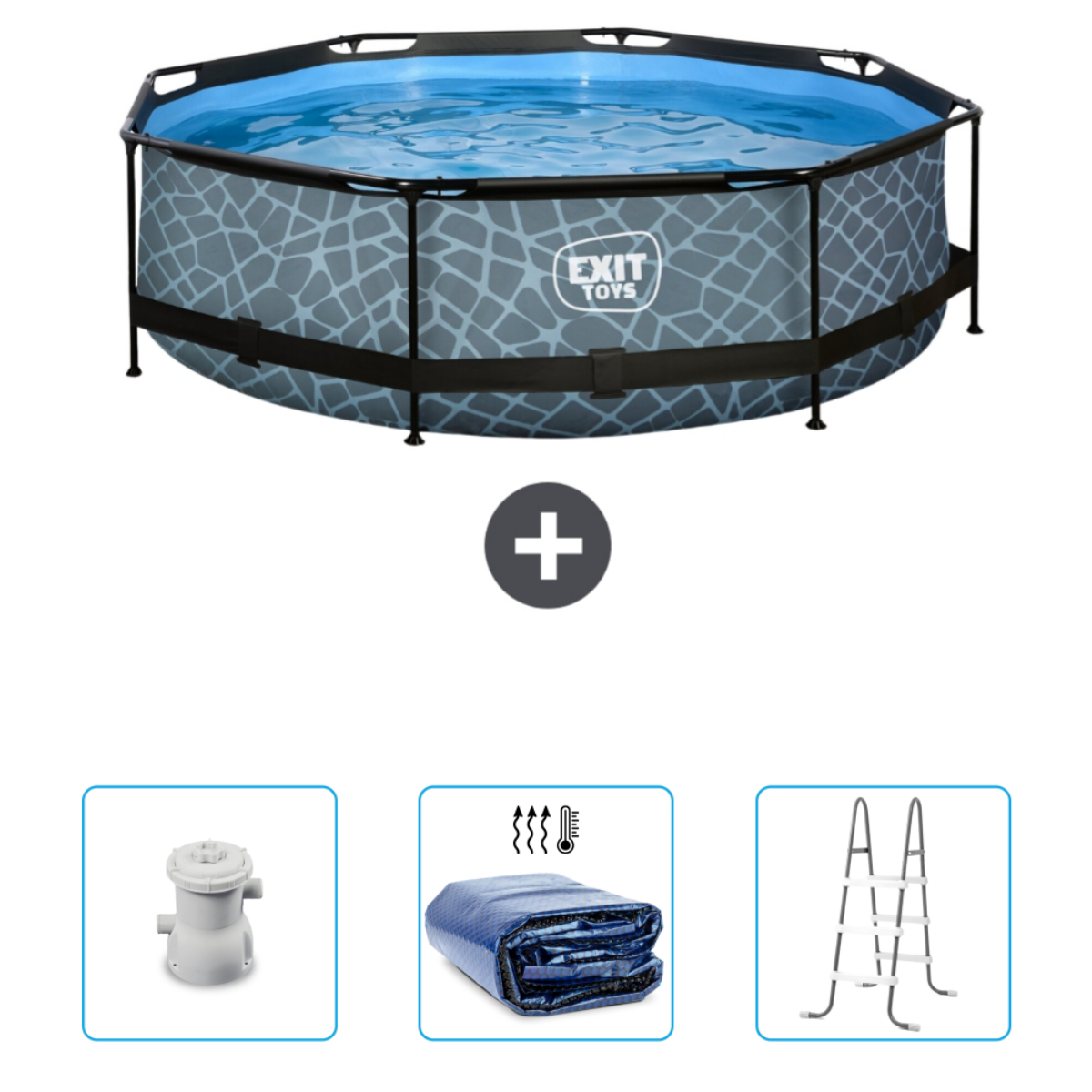 Piscine hors sol avec eau, filtre, couverture et échelle. Côté gris à motifs. Eau bleue.