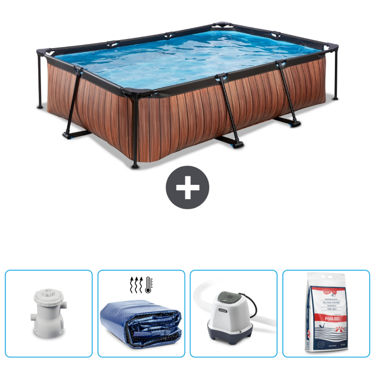 Een rechthoekig houten zwembad met accessoires, waaronder een filter, afdekzeil en zwembadchemicaliën.