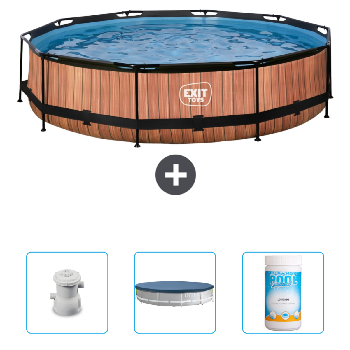 Rond zwembad met houten panelen, accessoires: filter, afdekking en zwembad reinigingschemicaliën.
