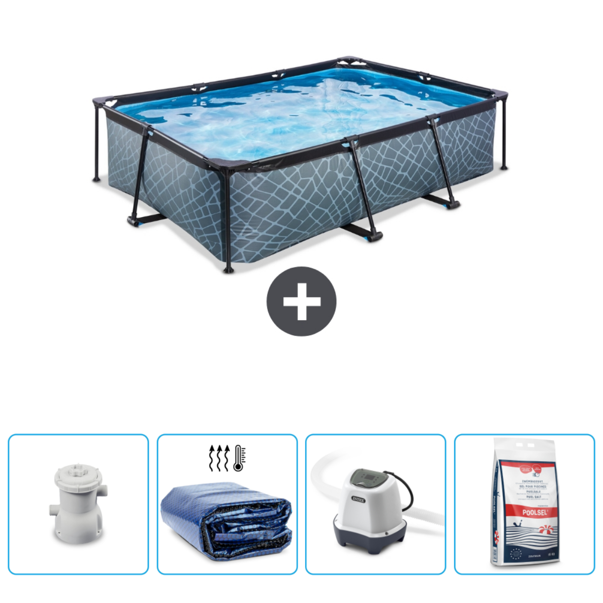 Rechthoekig zwembad met water en accessoires. Plus teken. Accessoires: filter, afdekking, pomp en zwembadzout.