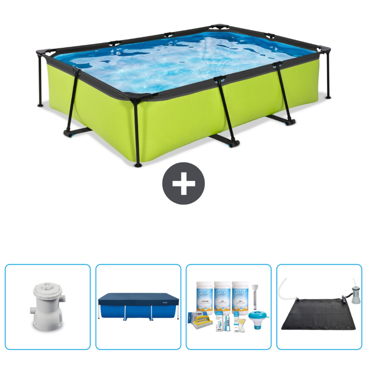 Piscine rectangulaire verte avec eau. Accessoires: pompe, couverture, produits, tapis solaire.