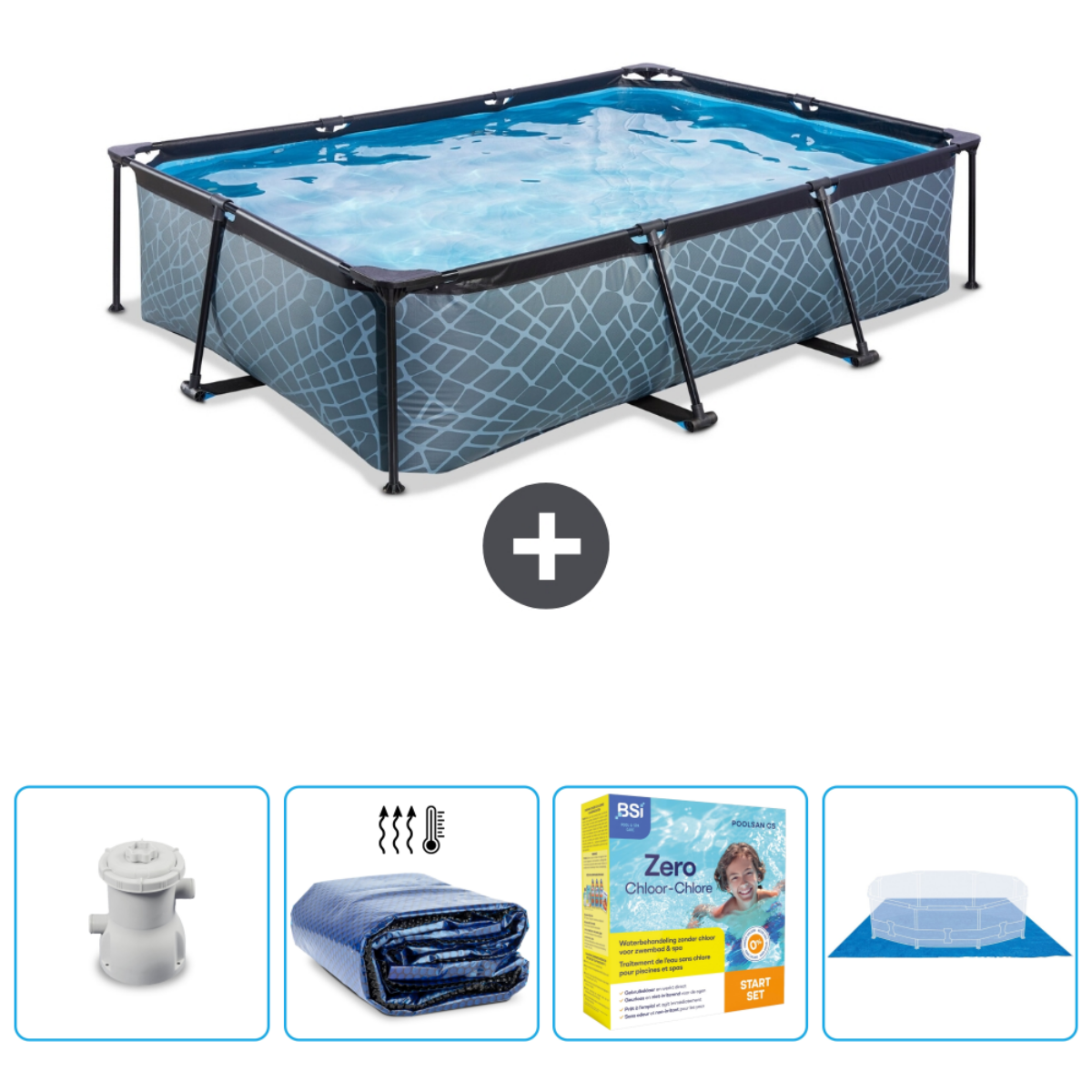 Een rechthoekig zwembad met accessoires. Zwembad heeft grijze, bedrukte zijkanten. Wit plusteken geeft meegeleverde items aan.