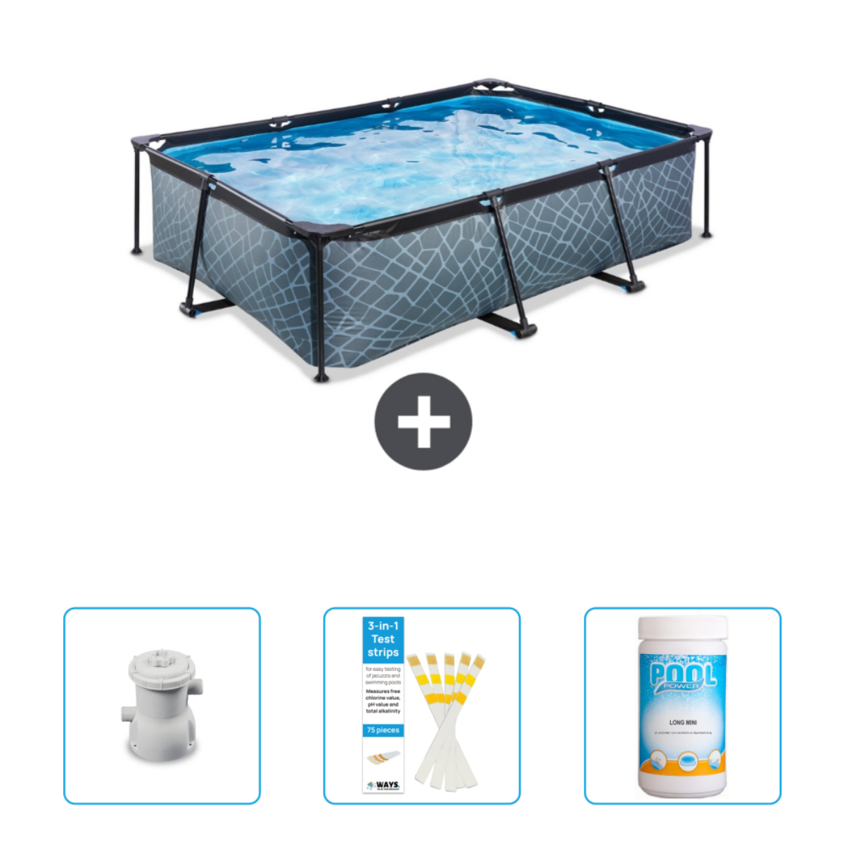 Piscine rectangulaire grise à motifs, filtre, bandelettes et produits.
