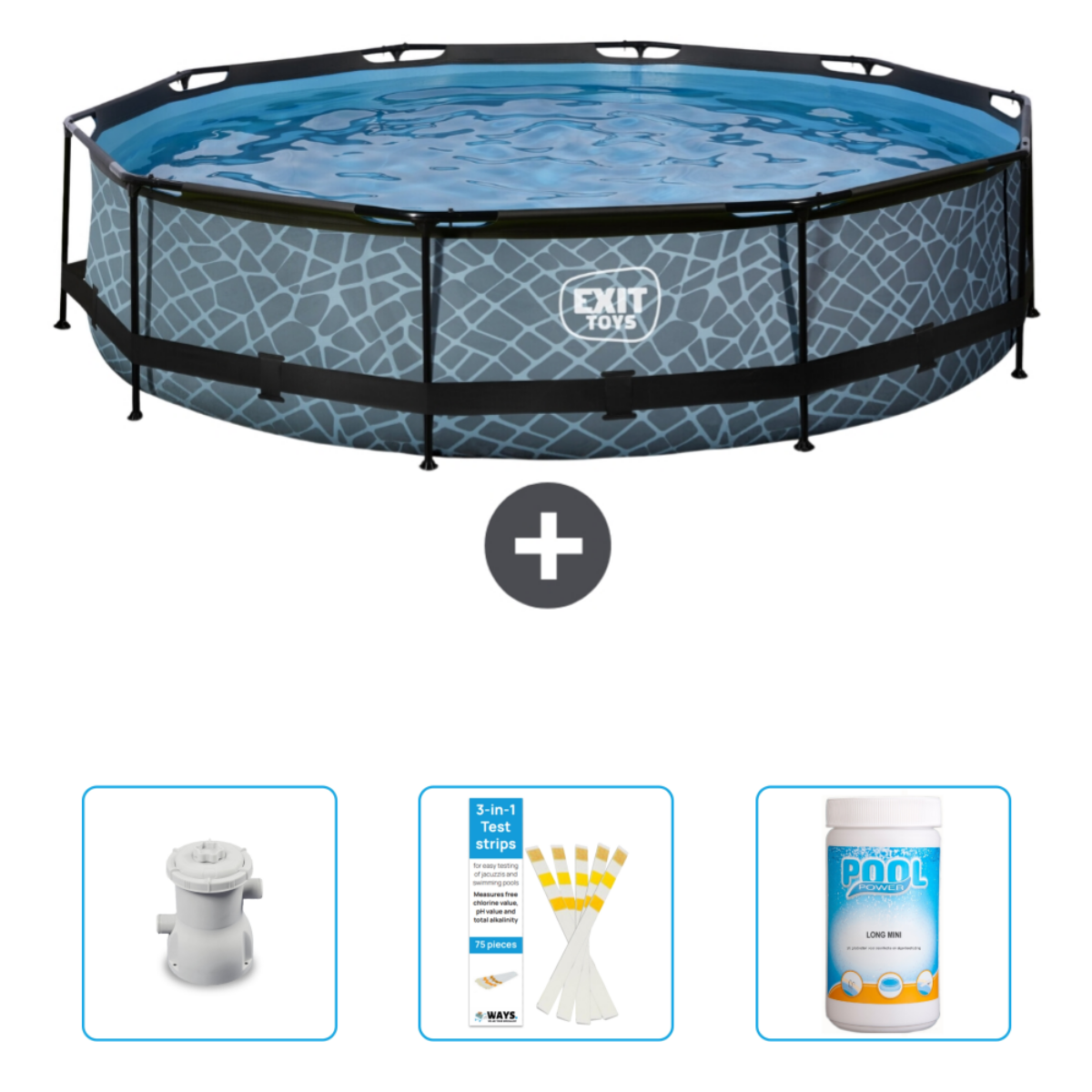 Rond zwembad met water en accessoires. Plus teken. Accessoires: filter, teststrips en chloortabletten.
