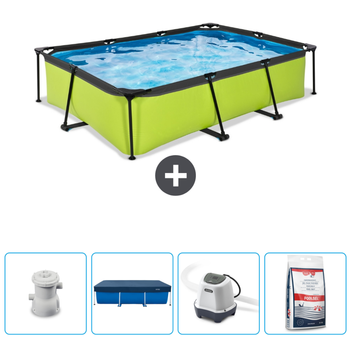 Groen zwembad met accessoires: pomp, afdekking en chemicaliën. Zwembad is vol water.