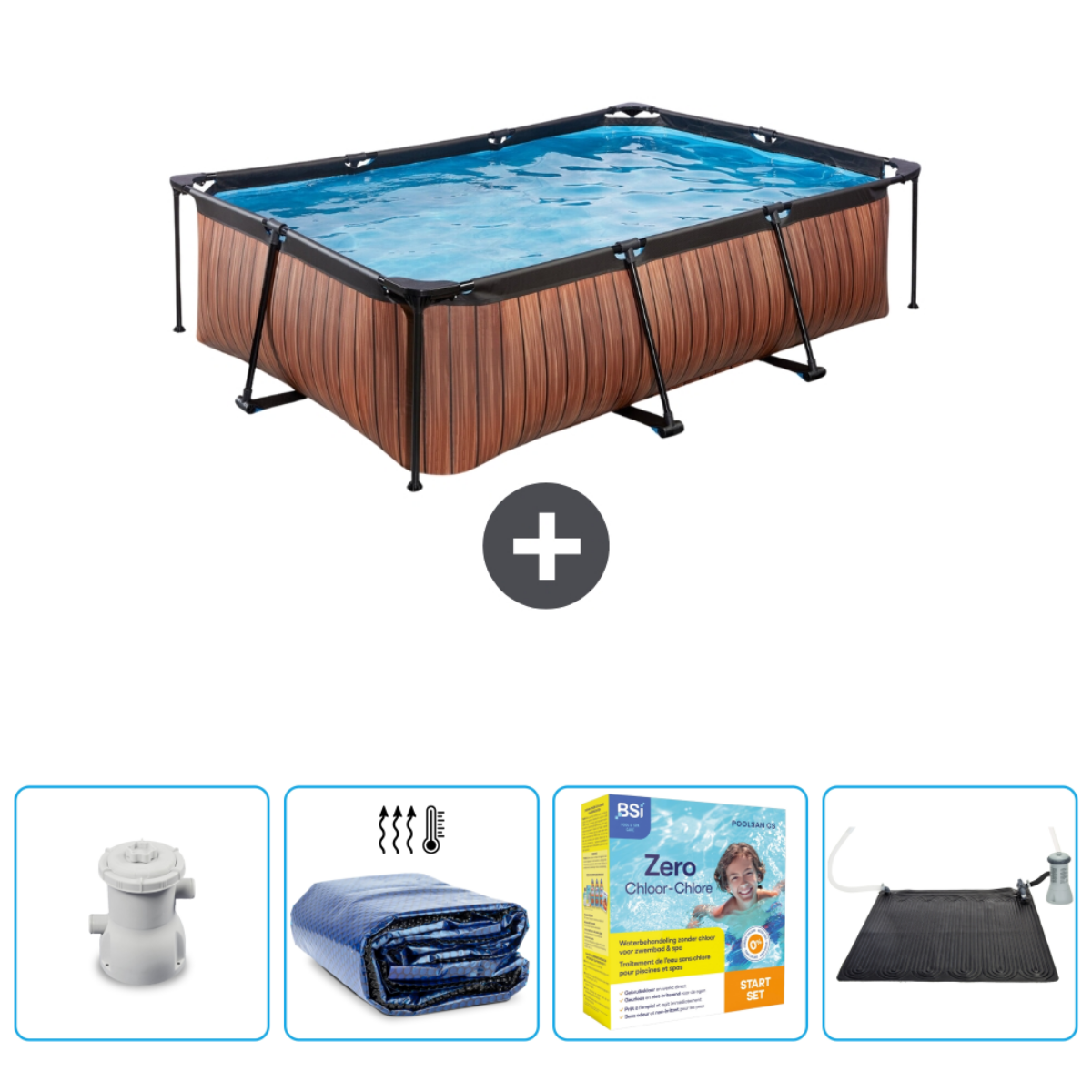 Piscine rectangulaire avec côtés aspect bois. Accessoires : pompe, couverture et produits de nettoyage.