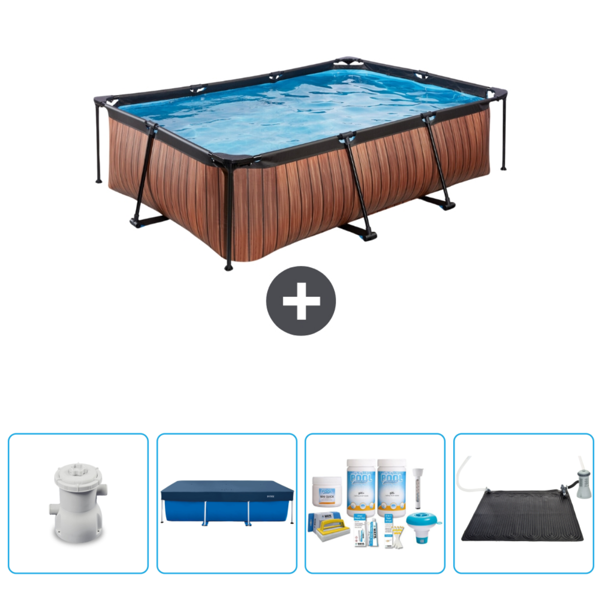Rechthoekig zwembad met accessoires. Houten zijkanten, zwart frame, blauw water. Inclusief pomp, cover, zonnemat en chemicaliën.