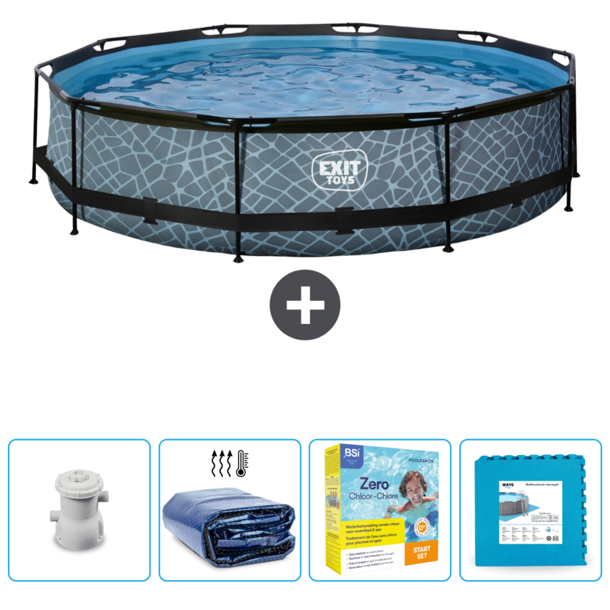 Piscine octogonale avec accessoires. Comprend un filtre, une couverture, des produits chimiques et un coussin.