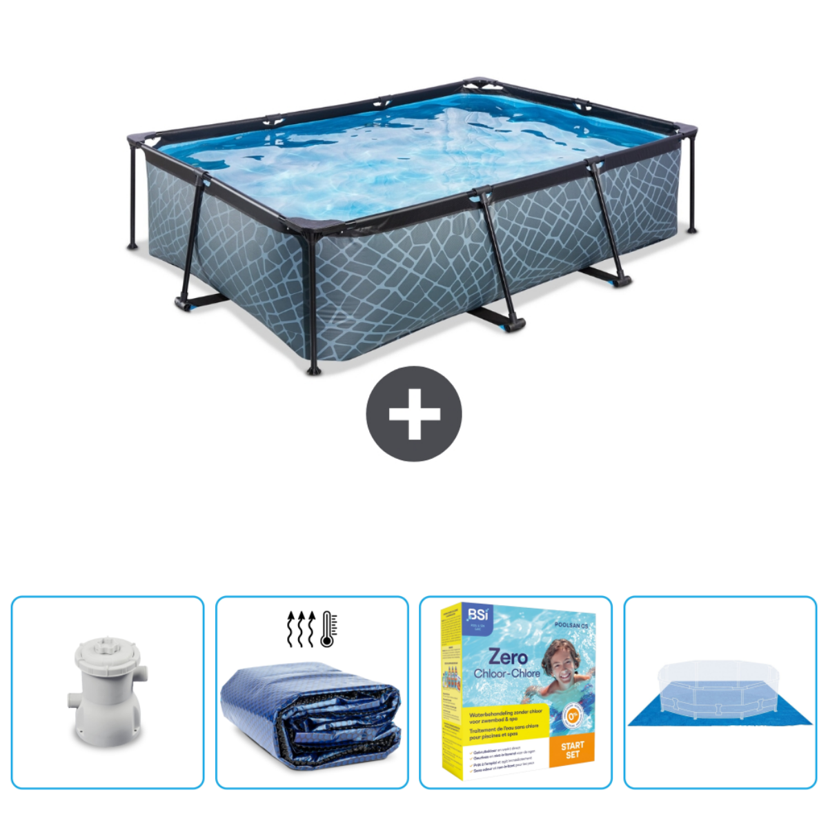 Rechthoekig zwembad met accessoires. Grijze mozaïek zijkanten, zwart frame, blauw water. Inclusief pomp, cover en chemicaliën.