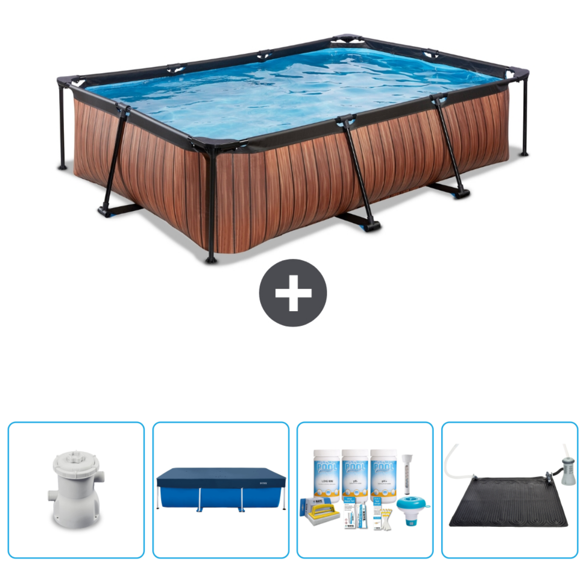 Une piscine avec des côtés en bois et des accessoires. Comprend une pompe, une couverture, des produits chimiques et un tapis solaire.