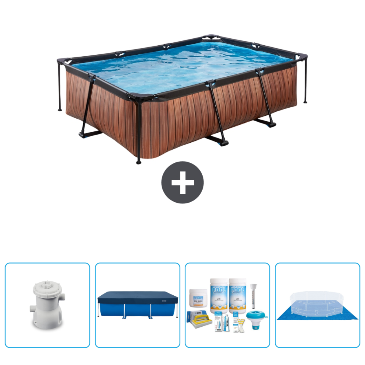 Hout-look rechthoekig zwembad, water, filter, afdekzeil, chemicaliën en access.
