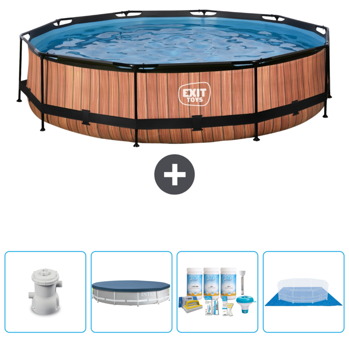 Hout-look rond zwembad met water, filter, afdekzeil, chemicaliën, etc.