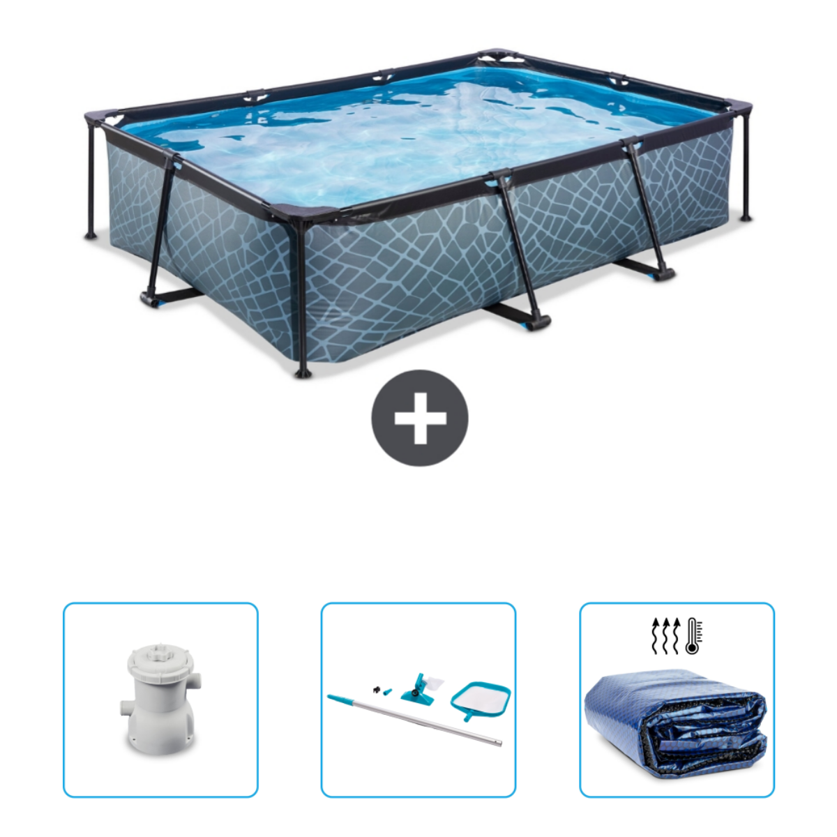 Rechthoekig zwembad met accessoires: filter, net en afdekzeil.