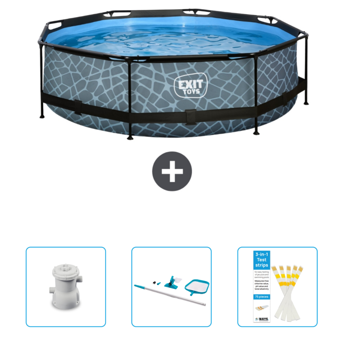 Rond zwembad met water en accessoires: filter, schepnet en teststrips.