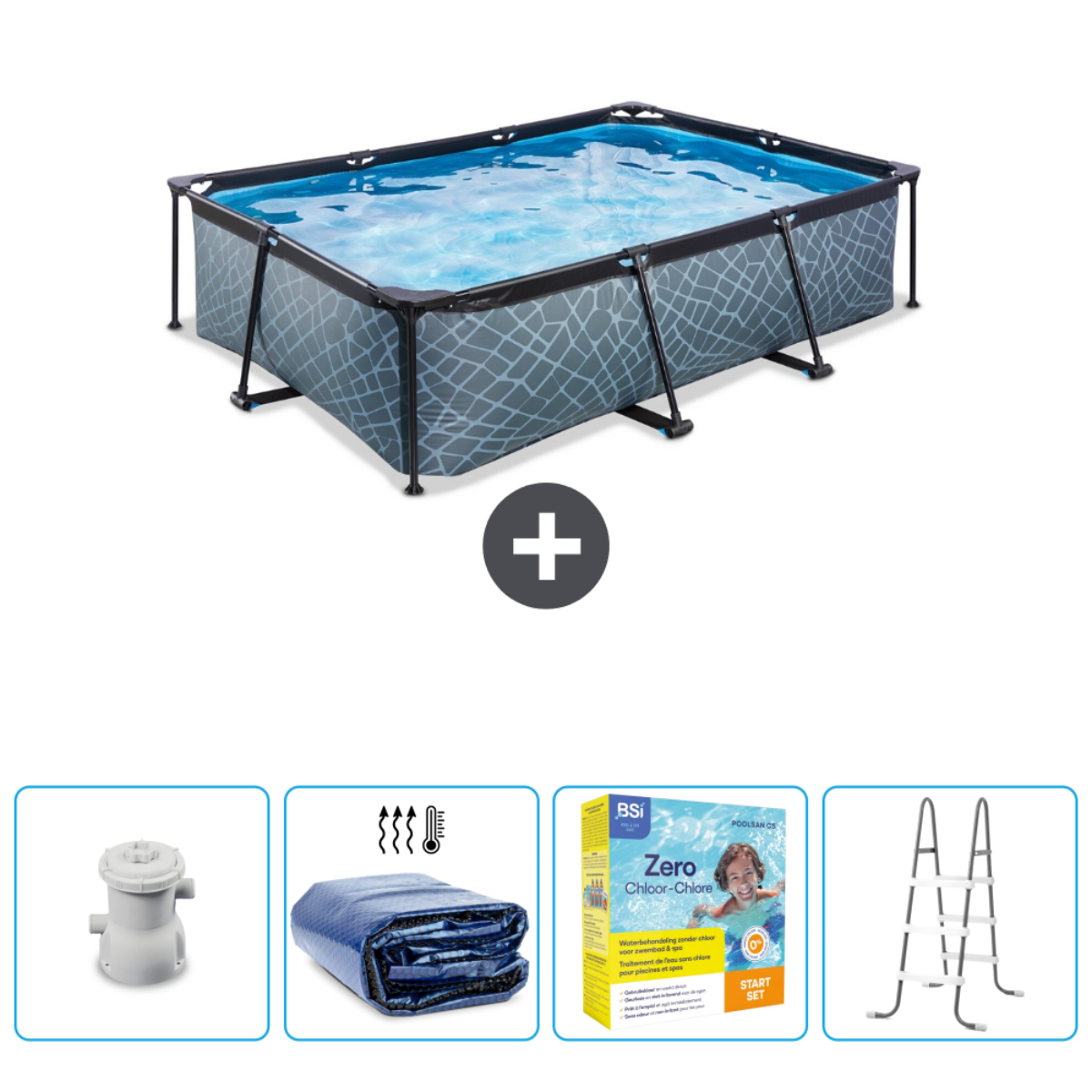 Rechthoekig zwembad met accessoires. Inclusief filter, afdekzeil, chemicaliën en ladder.