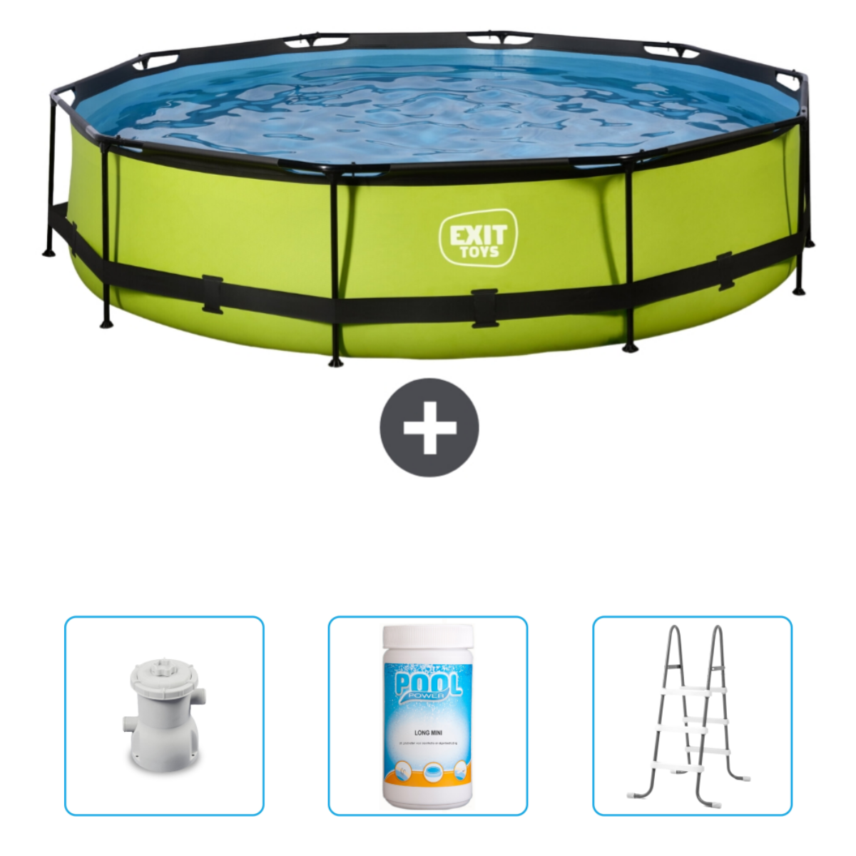 Piscine ronde verte avec eau et accessoires. Signe plus. Accessoires: filtre, comprimés de chlore et échelle.