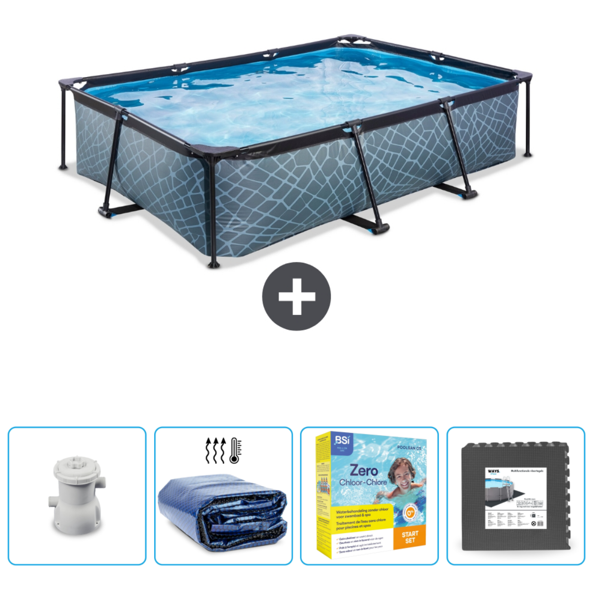 Rechthoekig bovengronds zwembad met water, plus filter, afdekking, nul chloor en vloermatten.