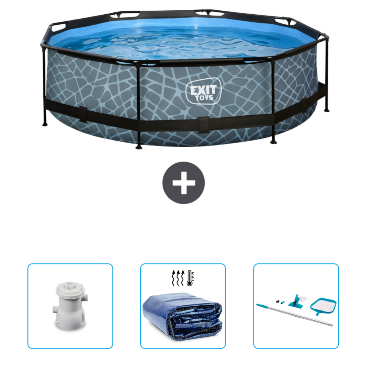 Piscine hexagonale avec accessoires: pompe, couverture et outils de nettoyage.