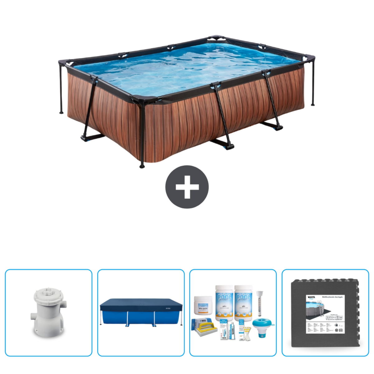 Rechthoekig zwembad met water, houtlook zijkanten en accessoires.