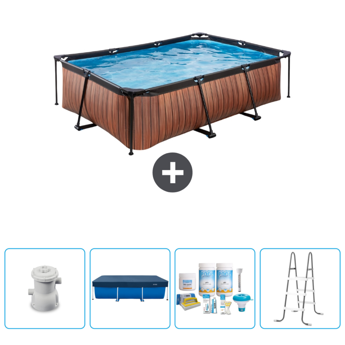 Rechthoekig zwembad met houtlook met water, filter, afdekking en accessoires. Blauw water.
