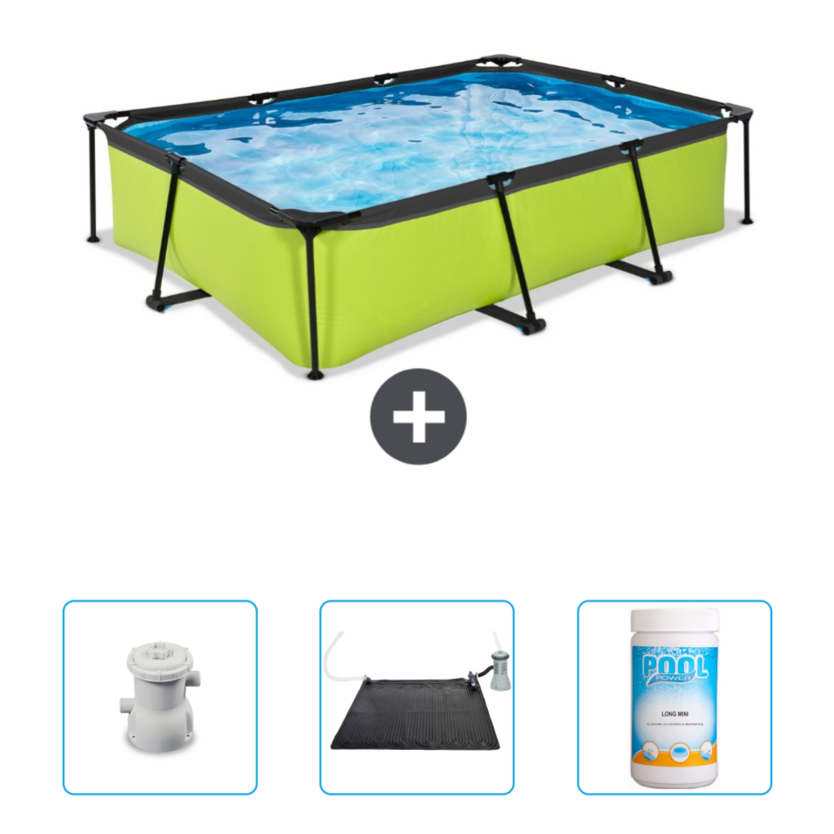 Une piscine rectangulaire verte avec accessoires: filtre, chauffage solaire et produits chimiques.