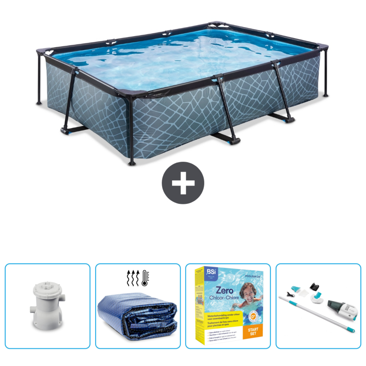 Rechthoekig zwembad met grijs patroon en accessoires: pomp, afdekking en schoonmaakset.