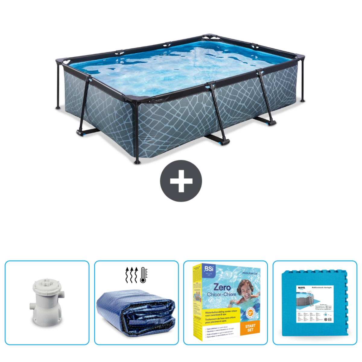 Grau gemusterter rechteckiger Pool mit Wasser. Zubehör: Pumpe, Abdeckung, Reinigungsmittel, Bodenmatten.