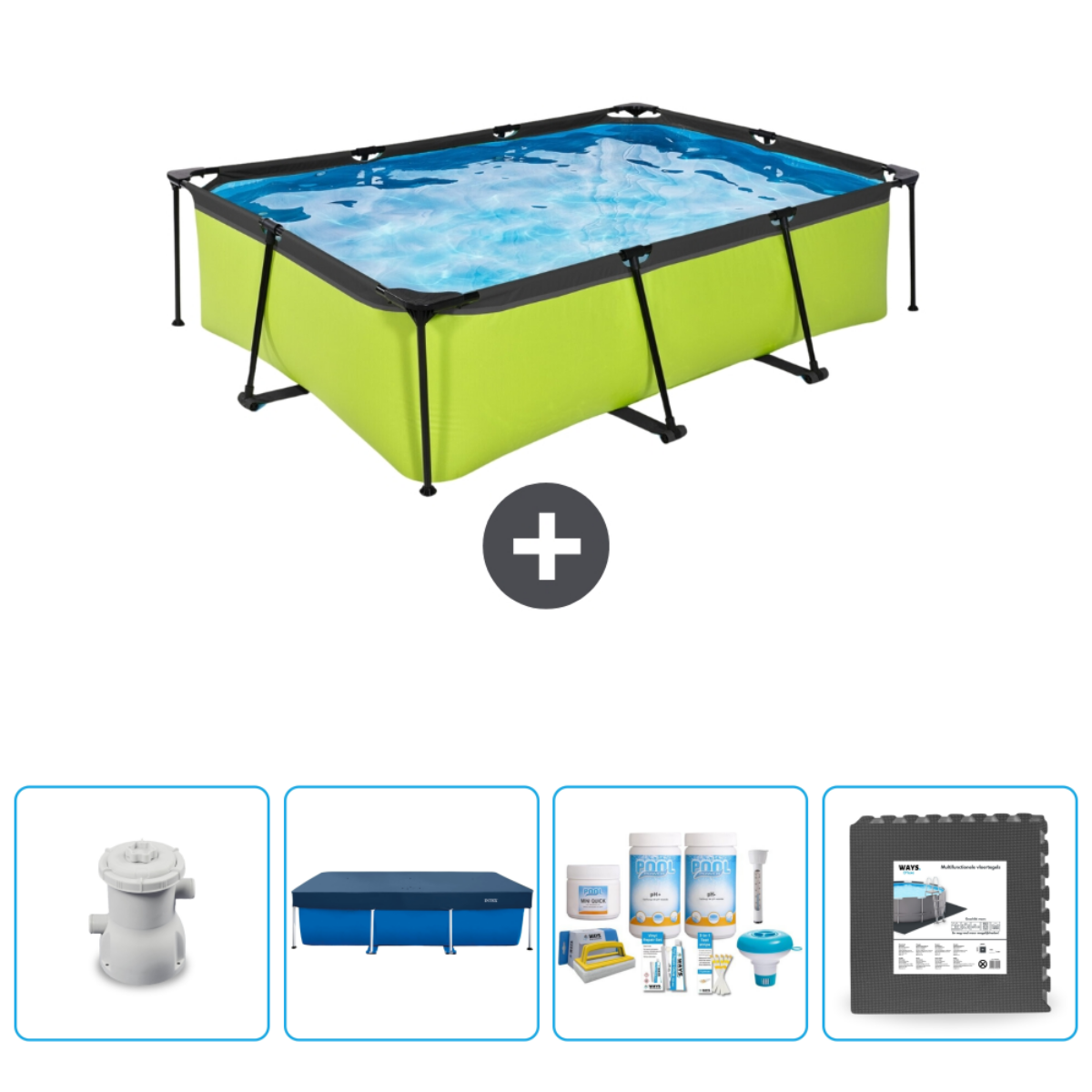 Piscine rectangulaire verte, filtre, couverture et accessoires.