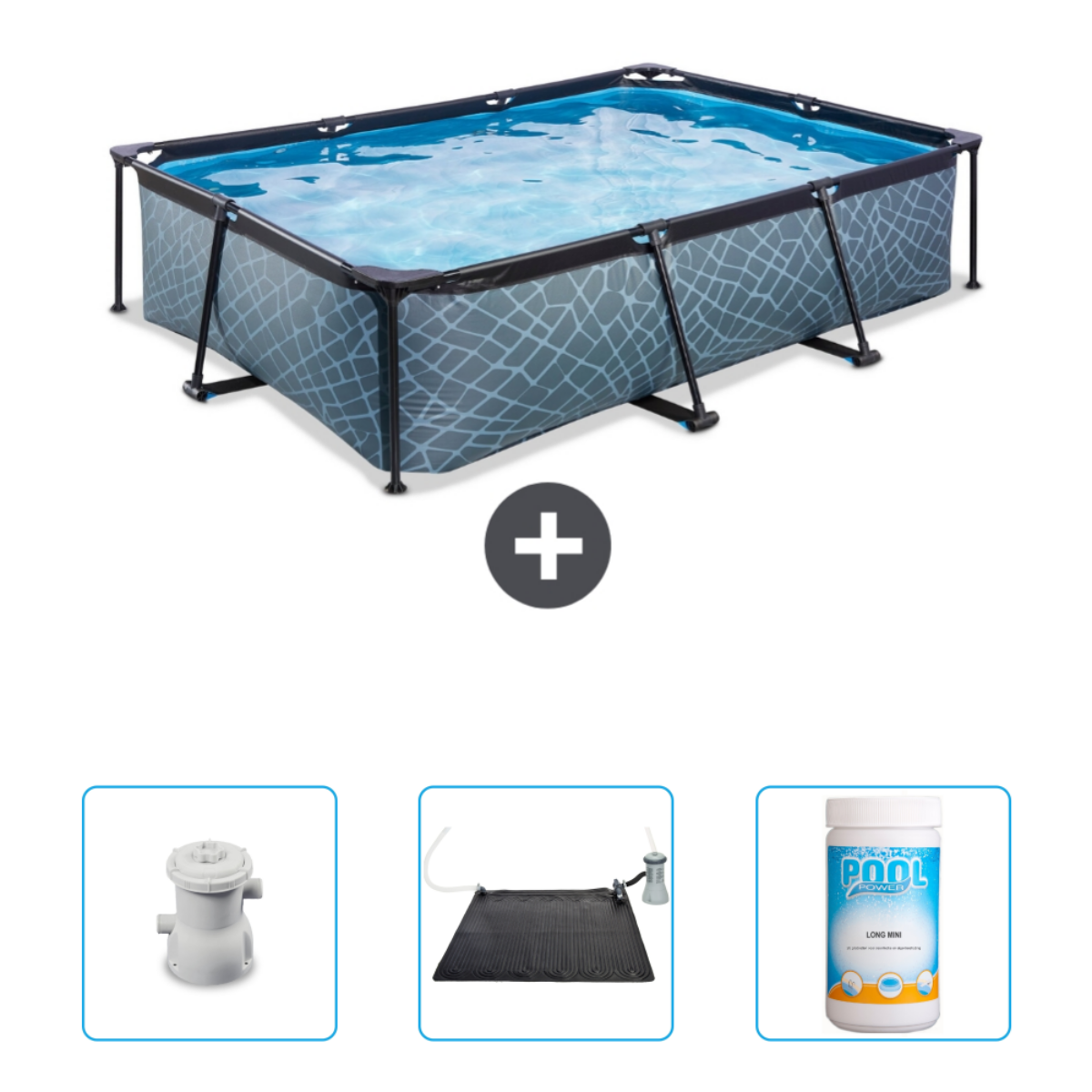 Une piscine rectangulaire en bois avec accessoires dont un filtre, un tapis solaire et des produits chimiques.