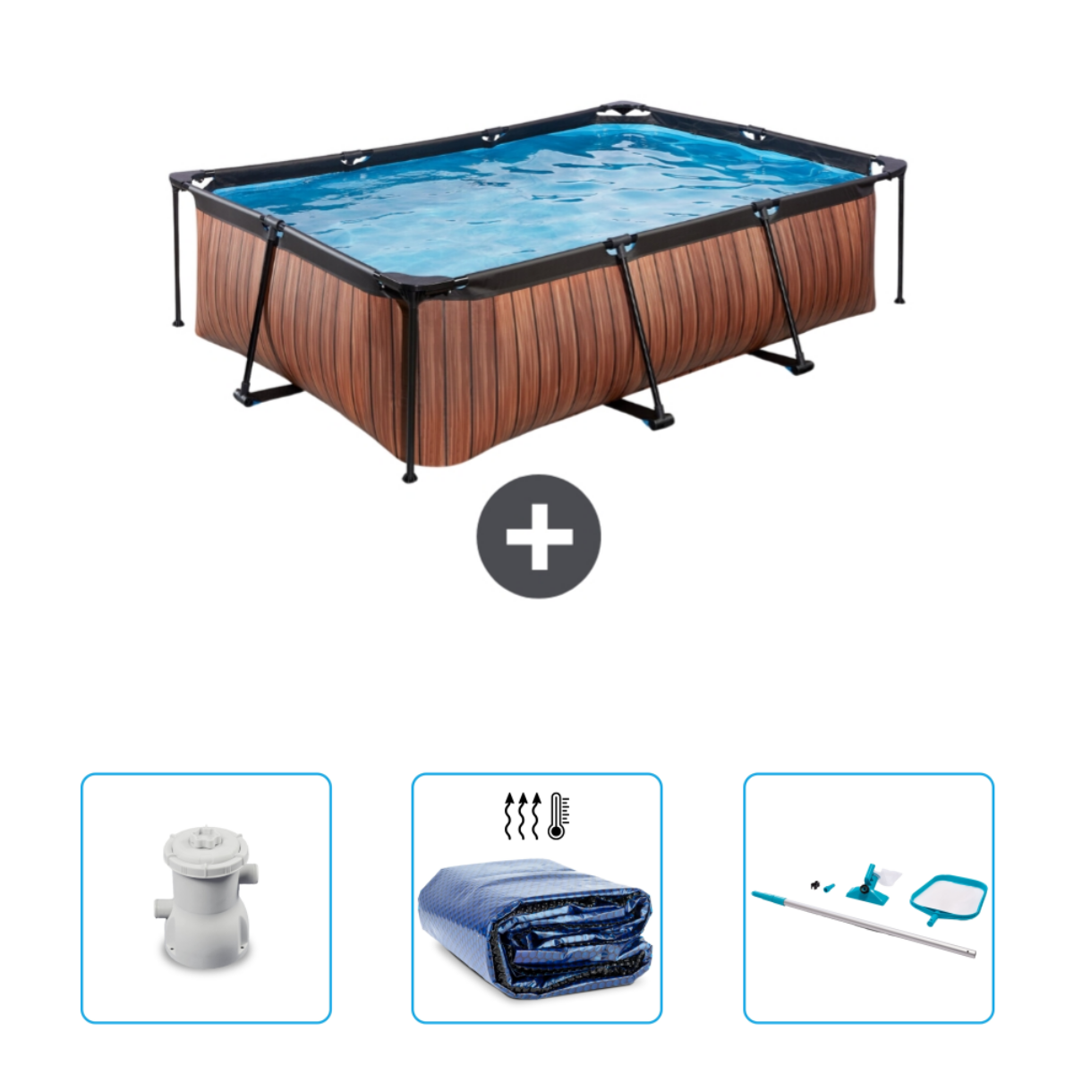 Pool in Holzoptik mit Wasser. Zubehör: Pumpe, Abdeckung und Reinigungsutensilien.
