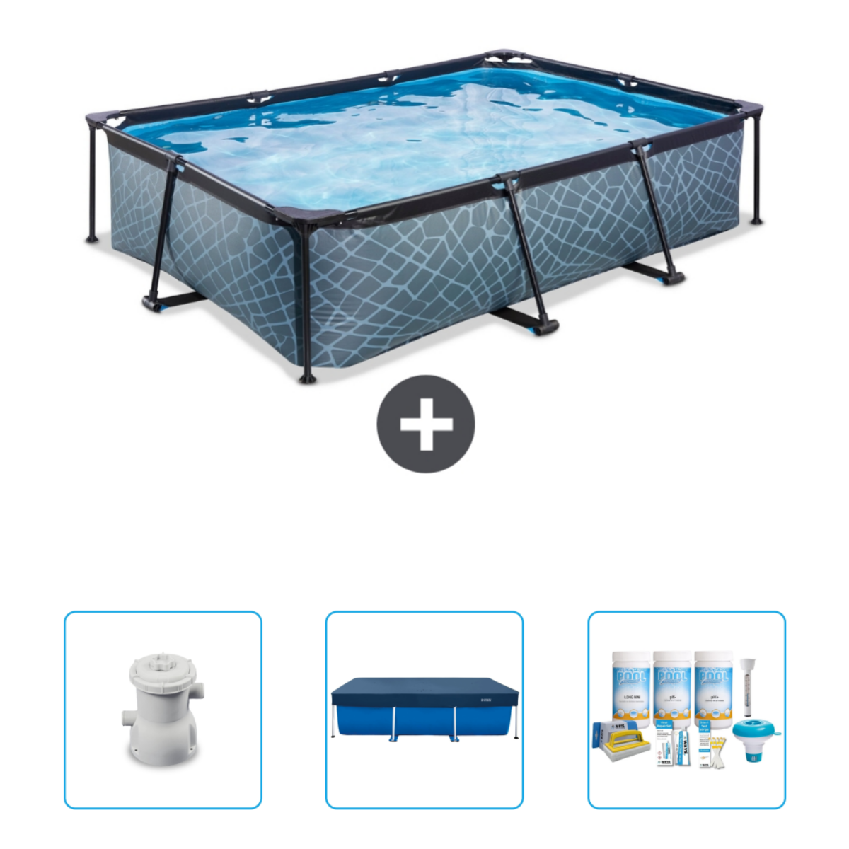 Rechthoekig zwembad met accessoires. Grijze mozaïek zijkanten, zwart frame, blauw water. Inclusief pomp, cover en chemicaliën.