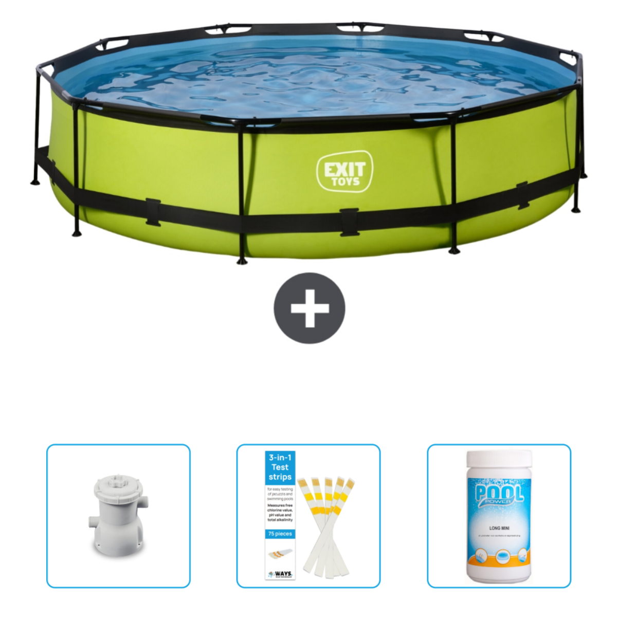 Groen achthoekig zwembad met water, accessoires: filter, floater, chemicaliën.