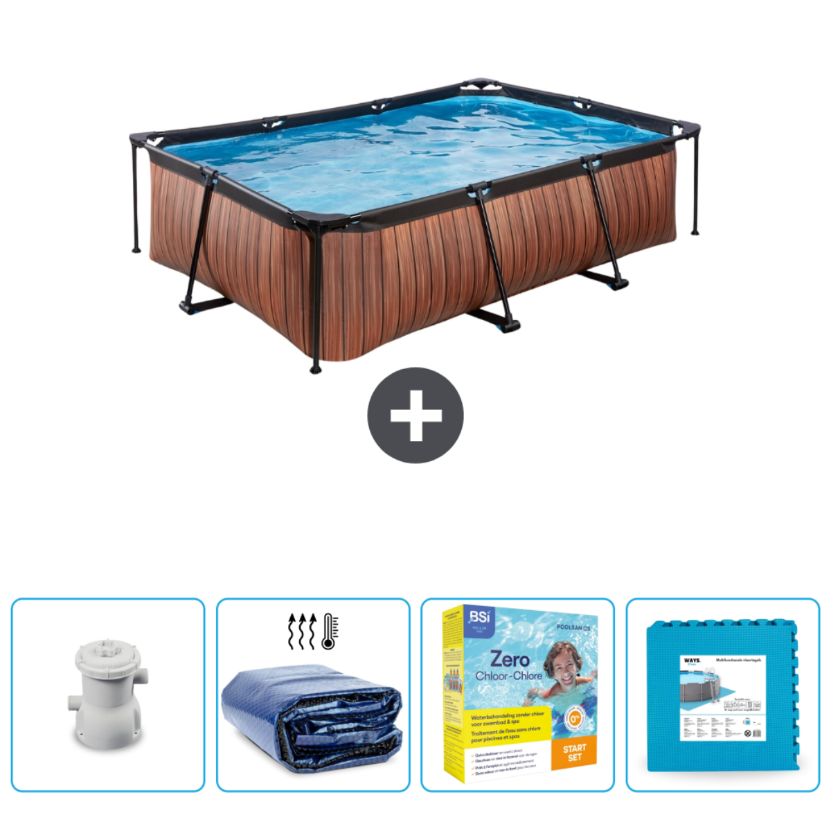 Ein Pool mit holzähnlichen Seiten und Zubehör. Enthält eine Pumpe, Abdeckung, Chemikalien und Schaumstoffmatten.