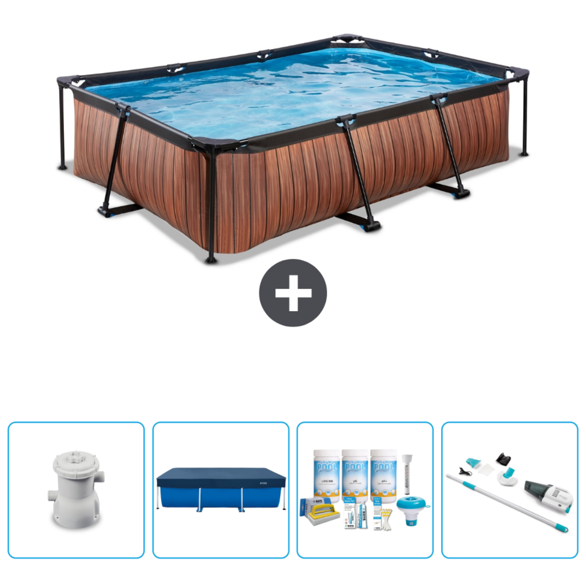 Rectangular pool with water, wooden-look sides, and accessories.