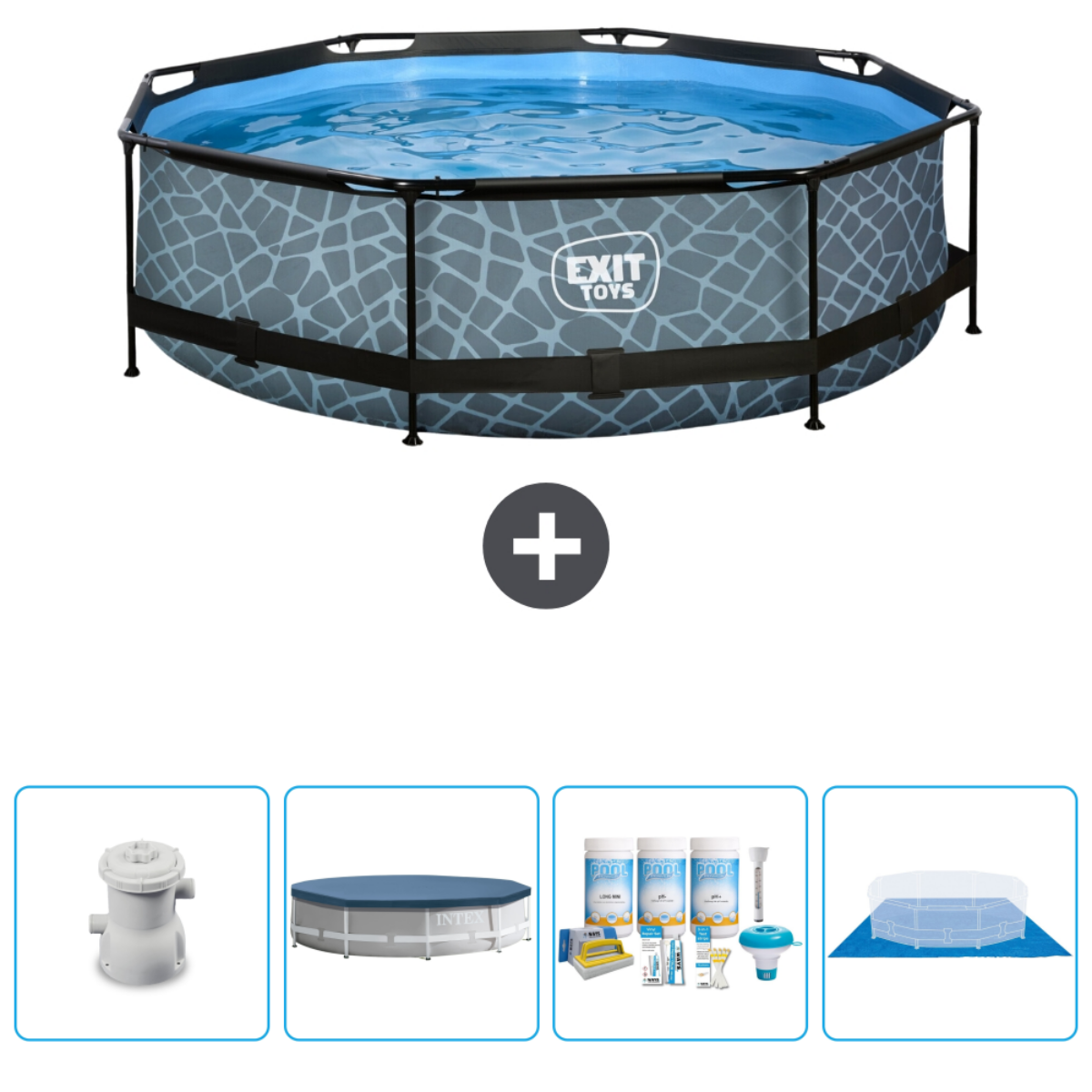 Rond zwembad met water en accessoires. Plus teken. Accessoires: filter, afdekking, teststrips en zwembadaccessoires.