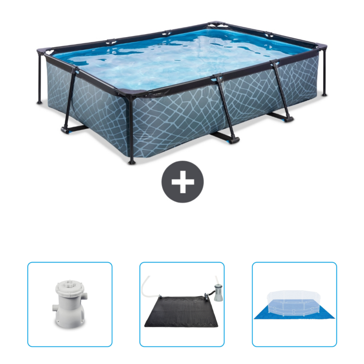 Une piscine rectangulaire avec accessoires, dont filtre, tapis solaire et bâche, sur fond blanc.