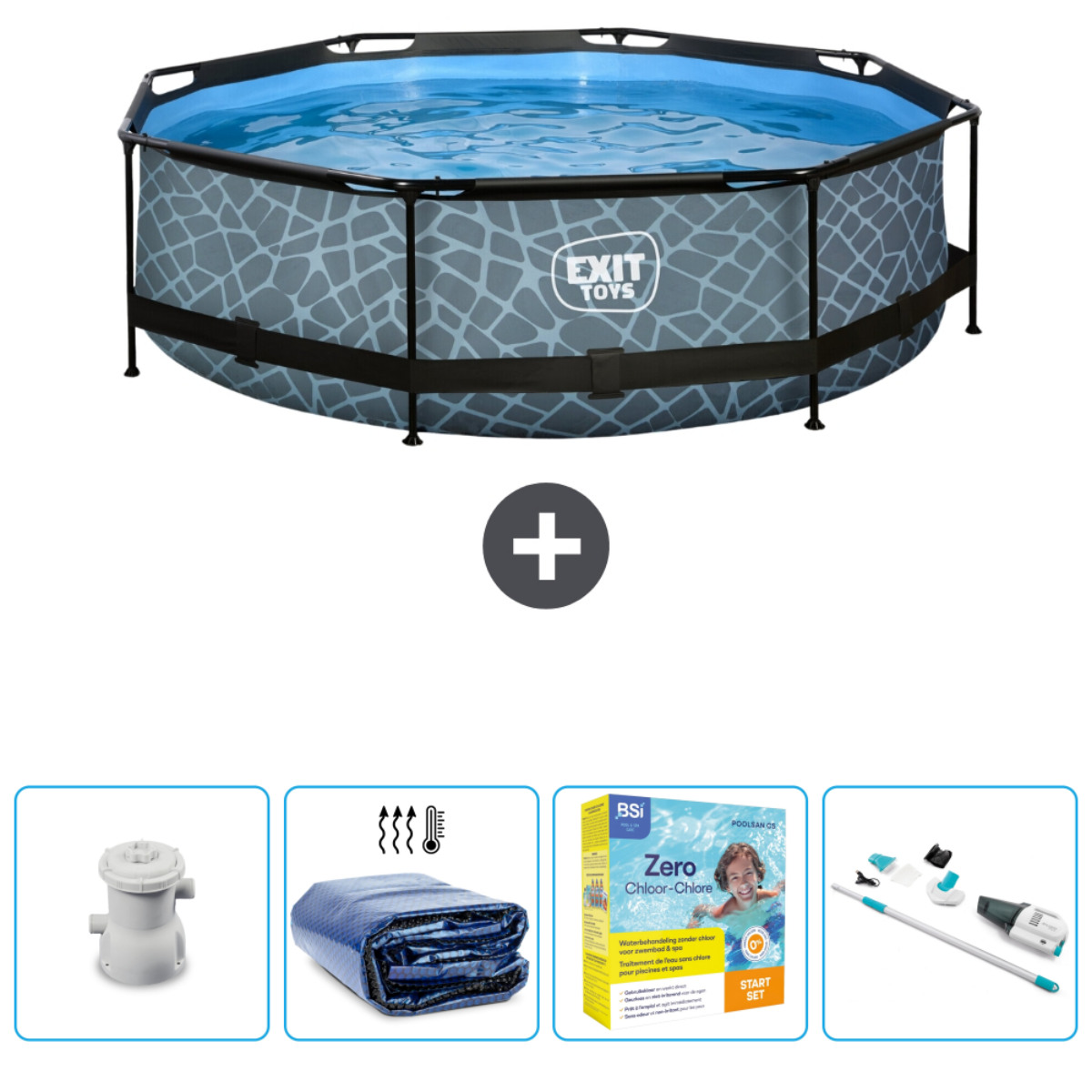 Piscine grise à motifs avec cadre noir et accessoires. Signe plus et articles connexes ci-dessous.