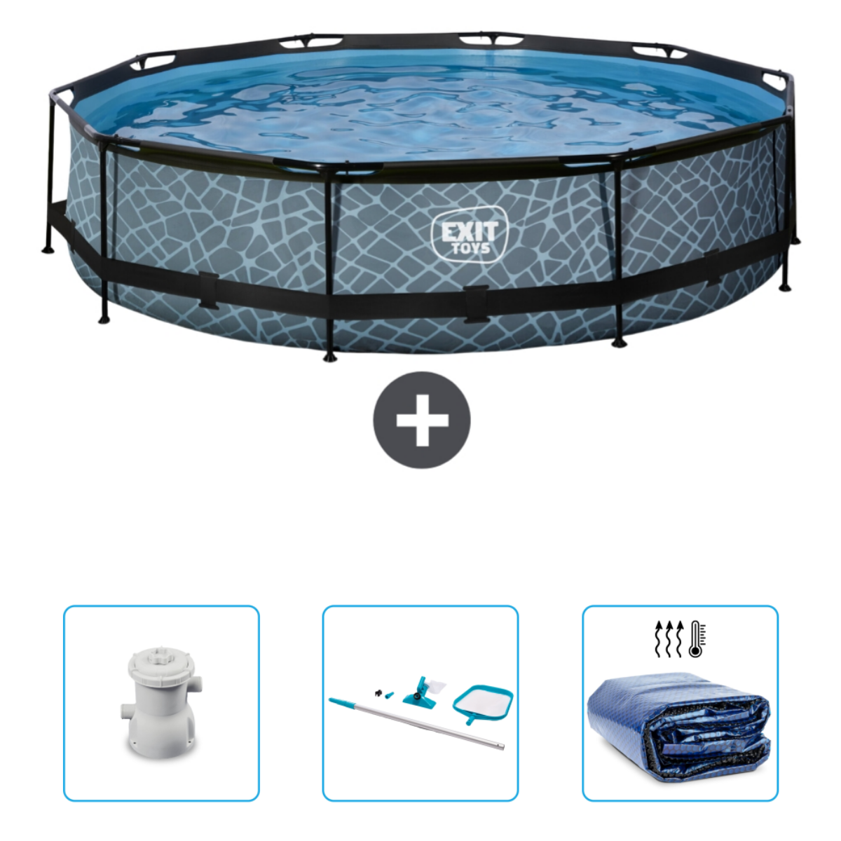 Piscine ronde avec motif gris, accessoires: filtre, outils de nettoyage et une couverture.