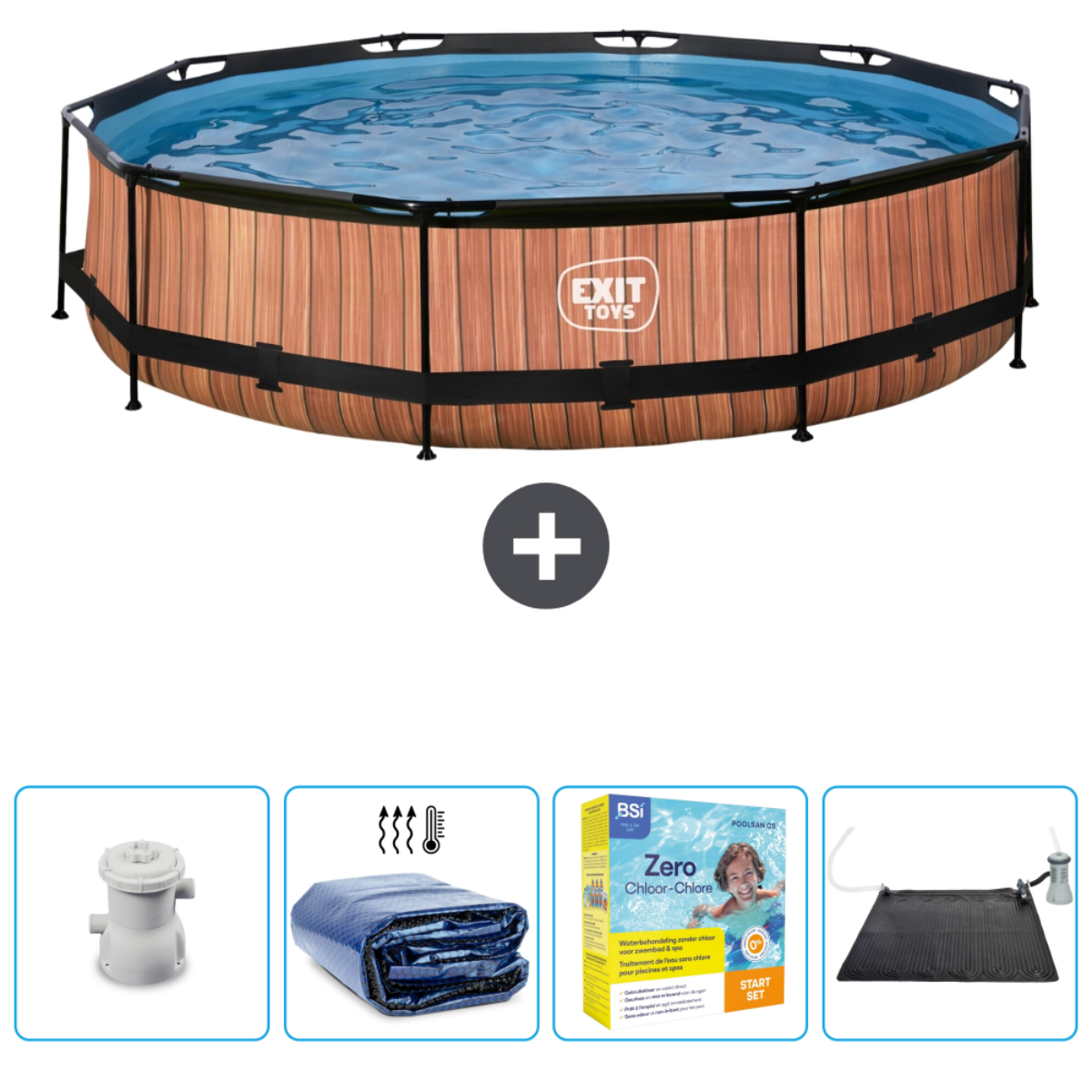 Zwembad met houten panelen en accessoires. Inclusief filter, afdekzeil, chemicaliën en een zonneboiler.