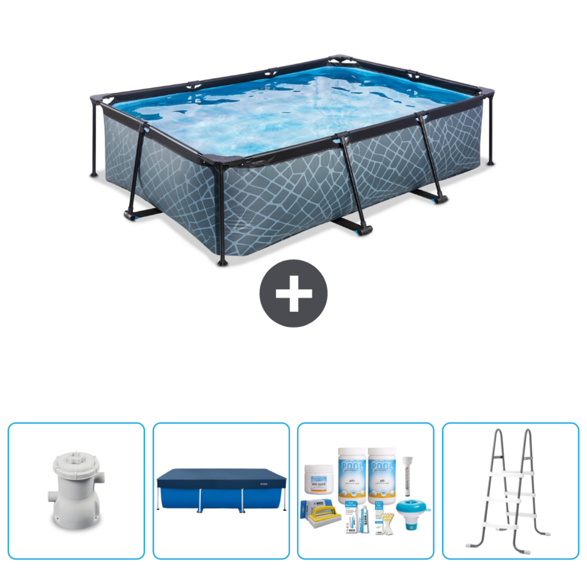 Rechthoekig zwembad met accessoires: filter, afdekzeil, chloor en ladder.