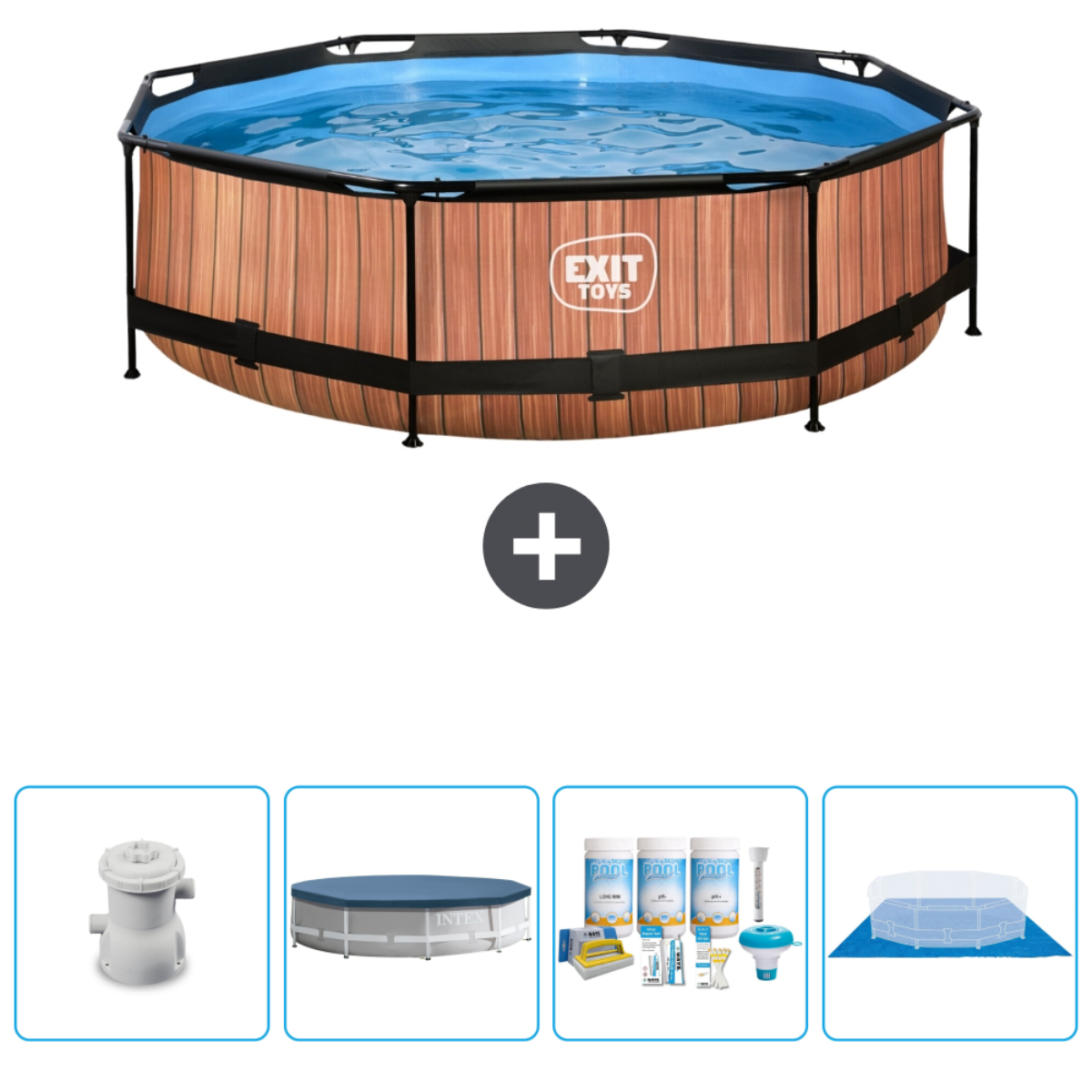 Achthoekig zwembad met accessoires. Houten zijkanten, zwart frame, blauw water. Inclusief pomp, cover en chemicaliën.