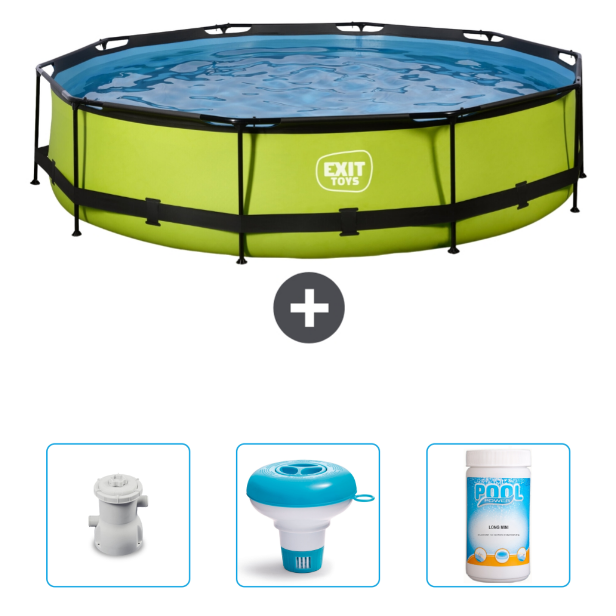 Piscine octogonale verte avec eau, accessoires : filtre, flotteur, produits.