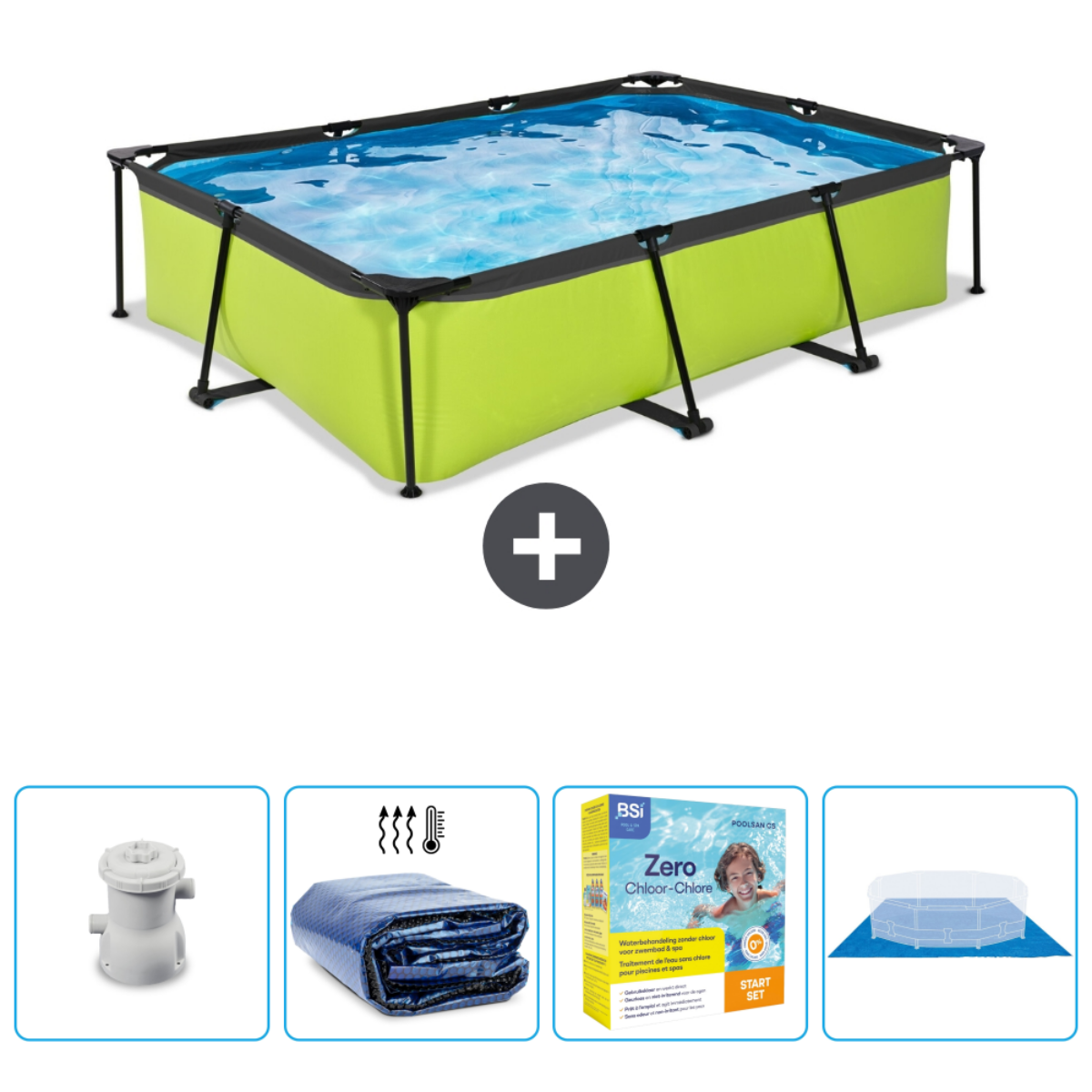Groen zwembad met accessoires. Inclusief een pomp, afdekking, chemische benodigdheden en een zwembadafdekking.
