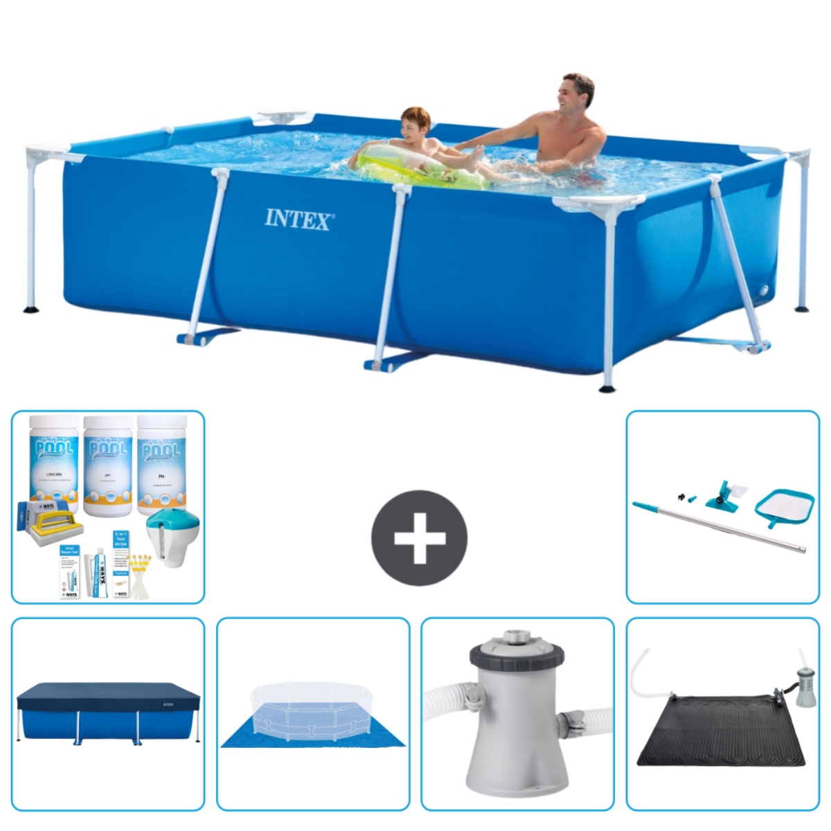 Mensen in een blauw rechthoekig zwembad met water, plus filter, afdekking en schoonmaakgereedschap.