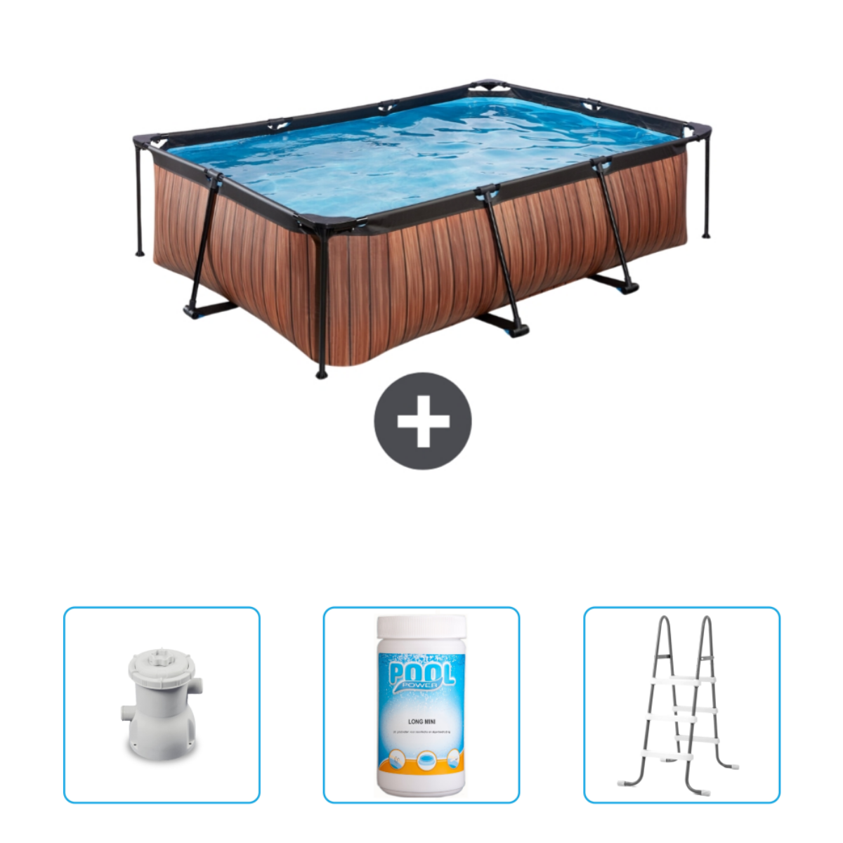 Piscine rectangulaire avec côtés en bois et cadre noir. En dessous, composants de piscine, y compris une échelle.